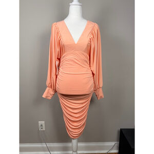 NWT Women's AX Paris Peach Long Sleeve Ruched Midi Dress Size 10